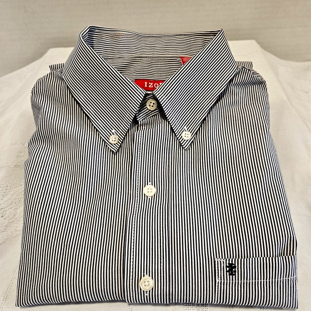 IZOD Men's L Gray/White Stripe Shirt Long Sleeve Logo on Front Pocket